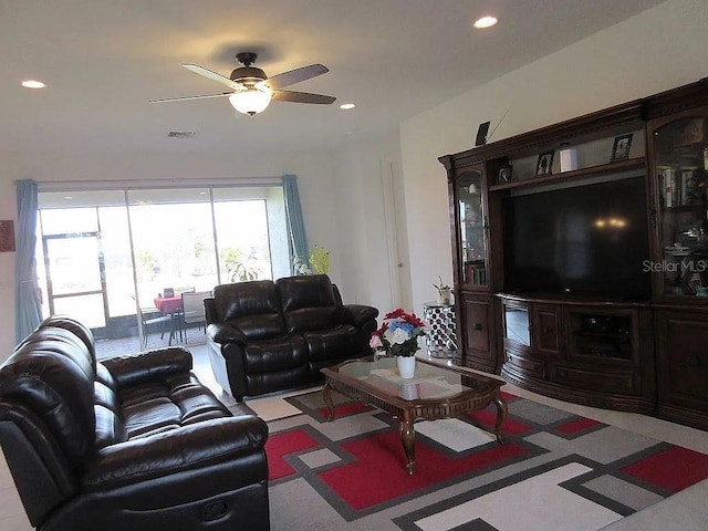 living room featuring ceiling fan