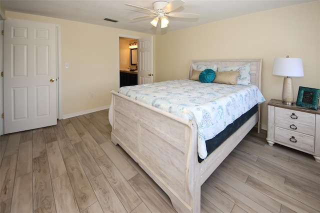 bedroom featuring ceiling fan and light wood-type flooring