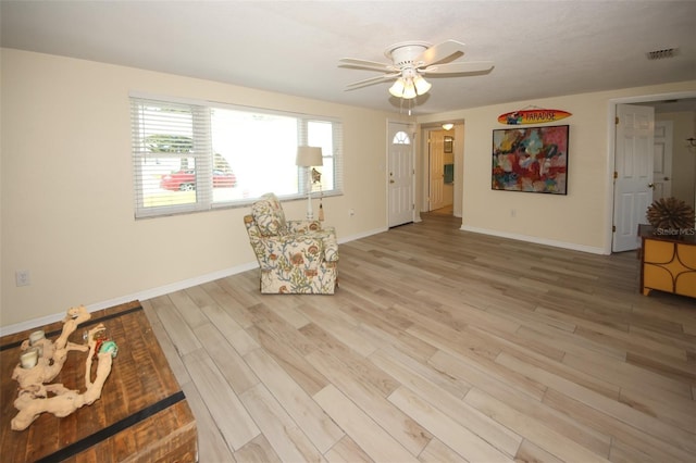 sitting room featuring ceiling fan and light hardwood / wood-style floors