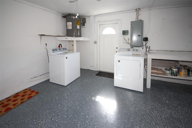 laundry area featuring separate washer and dryer, electric panel, and water heater