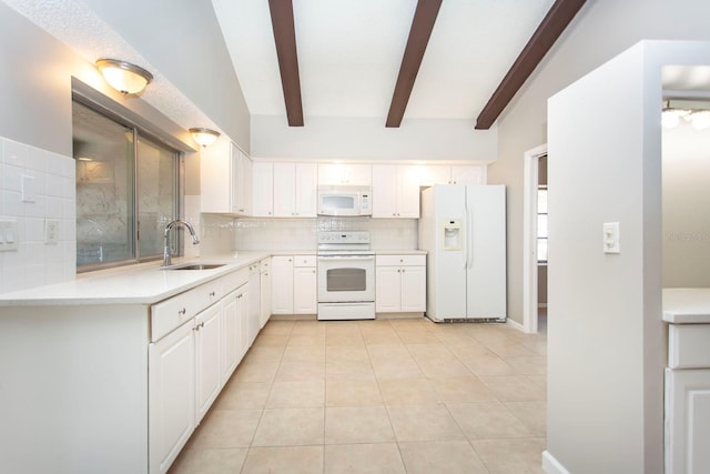 kitchen featuring tasteful backsplash, sink, white cabinets, light tile patterned floors, and white appliances