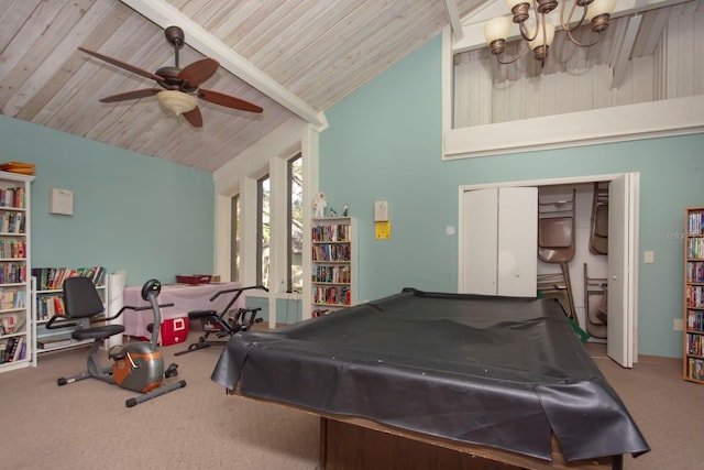 game room featuring wood ceiling, billiards, lofted ceiling, and carpet