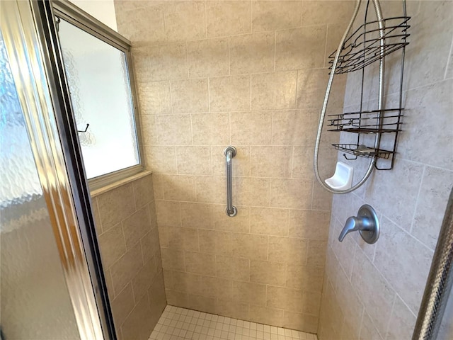 bathroom with a shower with shower door