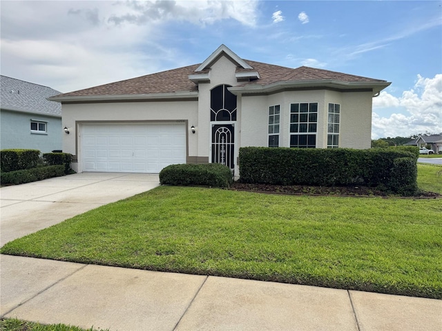 11204 Clear Oak Cir, New Port Richey, FL 34654 - ranch-style home featuring stucco siding, a front lawn, a garage, and driveway