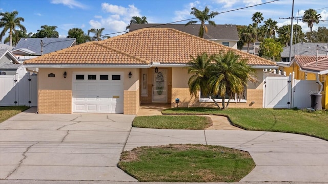 view of front of property with a garage and a front lawn