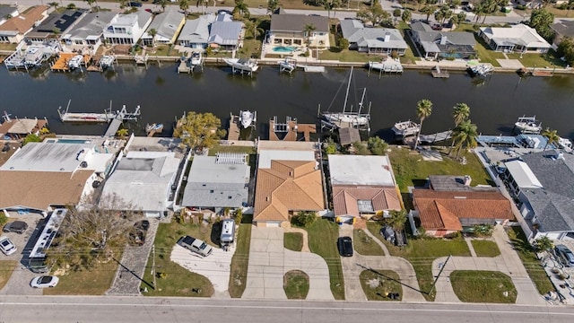 bird's eye view with a water view