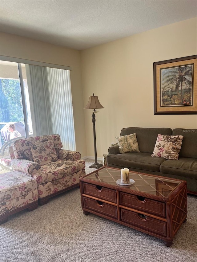 living room with carpet flooring and a textured ceiling