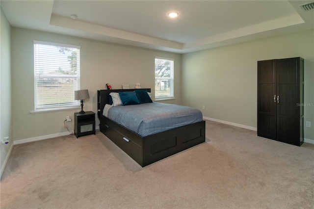 11134 Horned Owl Rd, Weeki Wachee, FL 34614 - carpeted bedroom featuring visible vents, baseboards, and a tray ceiling