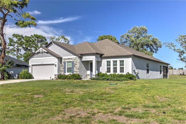 11134 Horned Owl Rd, Weeki Wachee, FL 34614 - ranch-style home featuring a front lawn, stone siding, concrete driveway, a garage, and a shingled roof