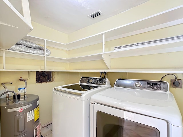 washroom with washer and dryer and water heater