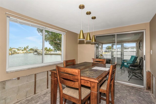 dining area with a water view and plenty of natural light