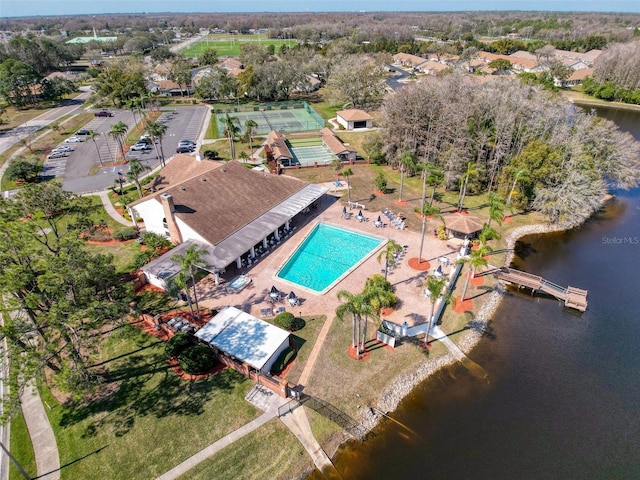 bird's eye view with a water view