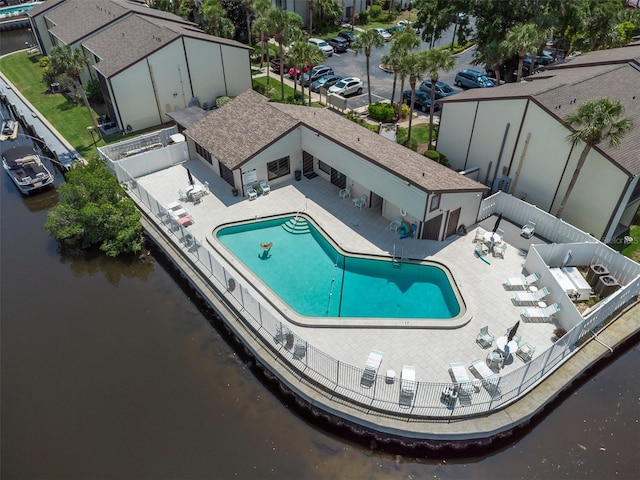 bird's eye view with a water view