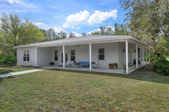 view of front of property featuring metal roof, a patio area, ceiling fan, and a front lawn