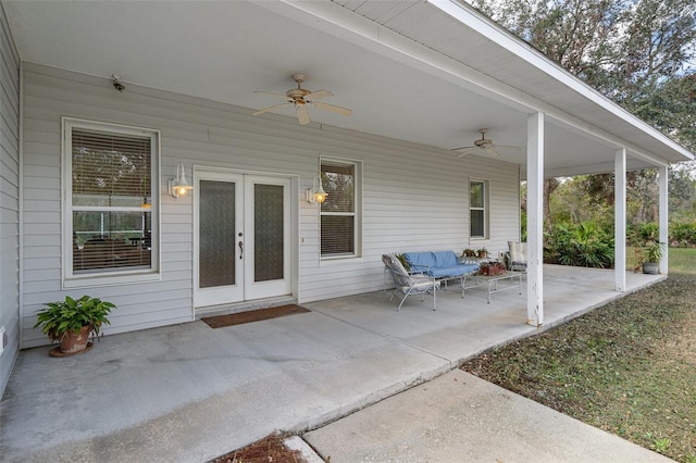 view of patio featuring french doors, outdoor lounge area, and ceiling fan