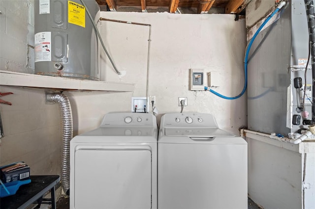 laundry area with washing machine and clothes dryer and electric water heater