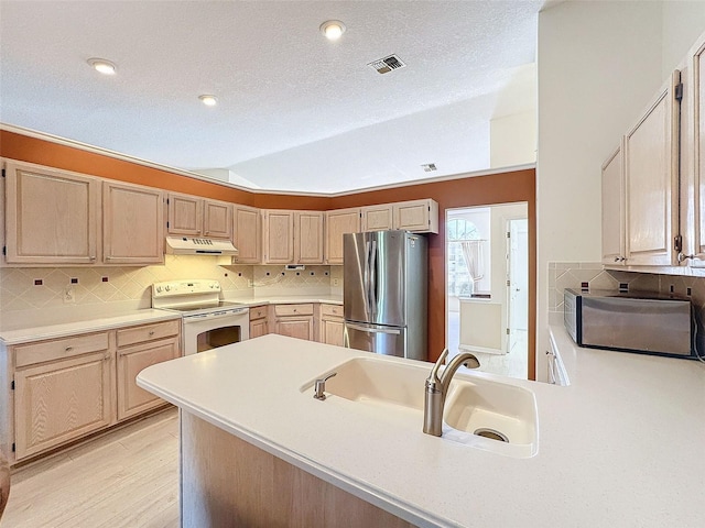 8447 Pavilion Dr, Hudson, FL 34667 - kitchen featuring visible vents, white electric range, under cabinet range hood, a sink, and freestanding refrigerator
