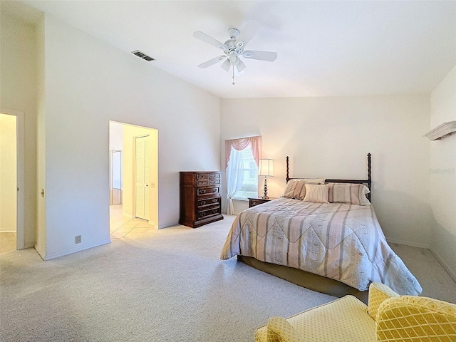 8447 Pavilion Dr, Hudson, FL 34667 - carpeted bedroom with baseboards, visible vents, high vaulted ceiling, and ceiling fan