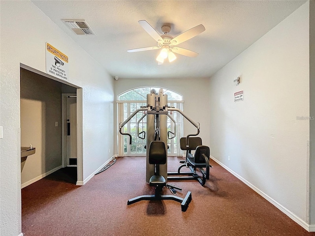 8447 Pavilion Dr, Hudson, FL 34667 - workout room featuring carpet, baseboards, ceiling fan, and visible vents