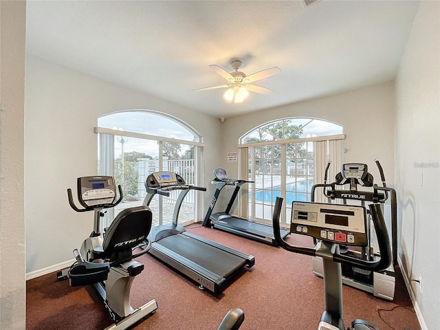 8447 Pavilion Dr, Hudson, FL 34667 - exercise area featuring a ceiling fan, baseboards, and a healthy amount of sunlight
