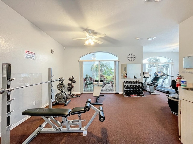 8447 Pavilion Dr, Hudson, FL 34667 - exercise room with plenty of natural light, baseboards, visible vents, and ceiling fan
