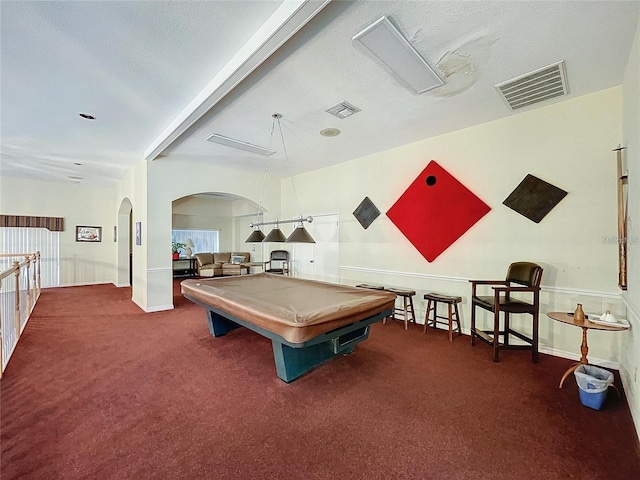 8447 Pavilion Dr, Hudson, FL 34667 - game room with pool table, visible vents, arched walkways, and carpet floors