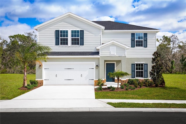 view of front facade with a garage and a front lawn