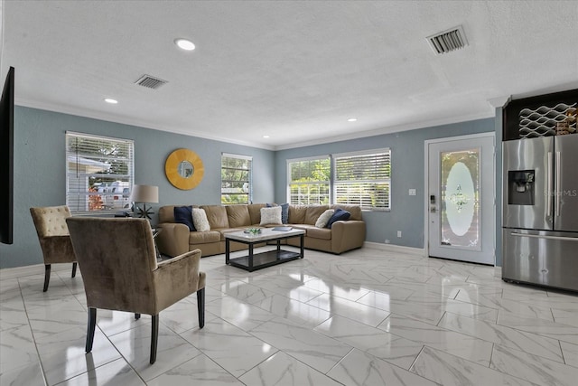 living room featuring crown molding and a textured ceiling