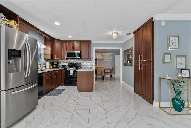 kitchen with tasteful backsplash, ornamental molding, a center island, black appliances, and a textured ceiling