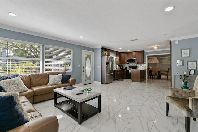 living room featuring ornamental molding and a textured ceiling