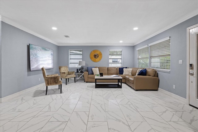 1101 N Betty Ln, Clearwater, FL 33755 - living room featuring light marble finish flooring, recessed lighting, and crown molding