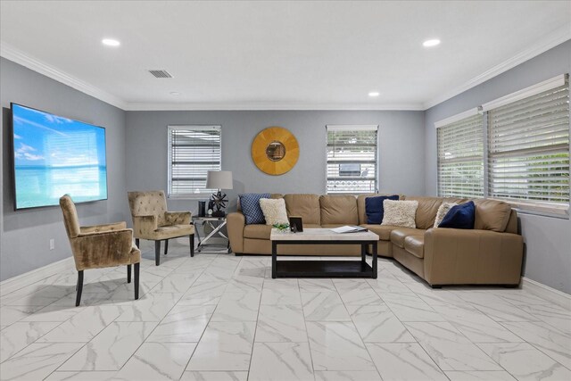 1101 N Betty Ln, Clearwater, FL 33755 - living room with recessed lighting, light marble finish flooring, and ornamental molding
