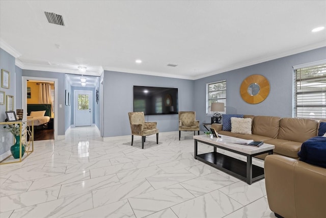 1101 N Betty Ln, Clearwater, FL 33755 - living room featuring ornamental molding, light marble finish floors, and recessed lighting