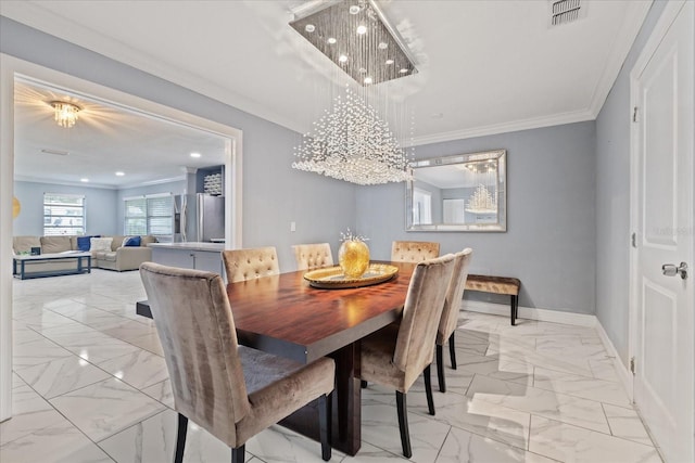 1101 N Betty Ln, Clearwater, FL 33755 - dining space with light marble finish flooring, a chandelier, and ornamental molding