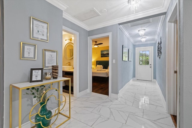 1101 N Betty Ln, Clearwater, FL 33755 - hallway with light marble finish flooring and crown molding