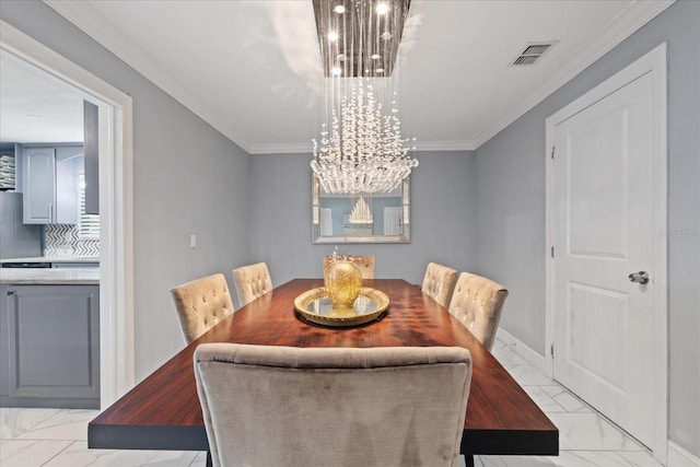1101 N Betty Ln, Clearwater, FL 33755 - dining room with a chandelier, light marble finish flooring, and ornamental molding