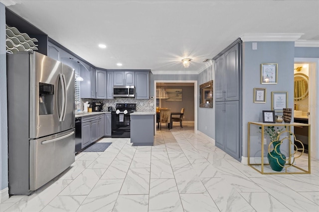 1101 N Betty Ln, Clearwater, FL 33755 - kitchen featuring black appliances, gray cabinets, ornamental molding, light countertops, and tasteful backsplash
