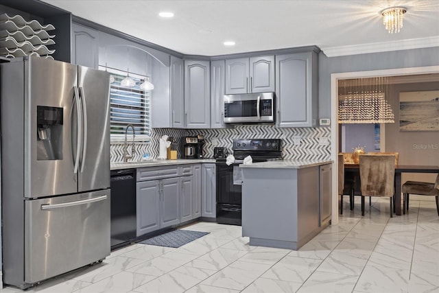 1101 N Betty Ln, Clearwater, FL 33755 - kitchen featuring black appliances, gray cabinets, light countertops, ornamental molding, and decorative backsplash