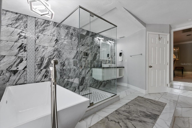 1101 N Betty Ln, Clearwater, FL 33755 - bathroom featuring marble finish floors, a freestanding tub, and a stall shower