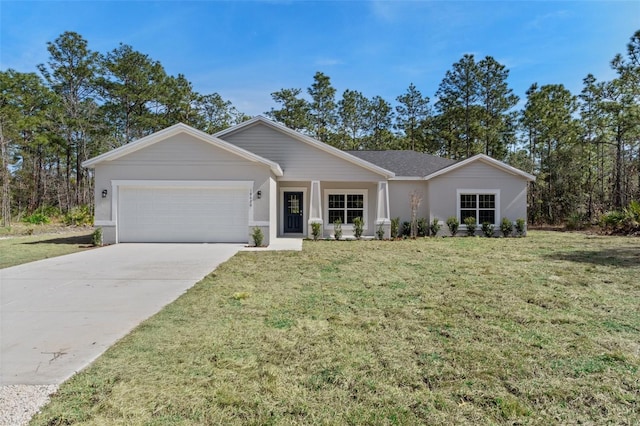 single story home featuring a garage and a front lawn