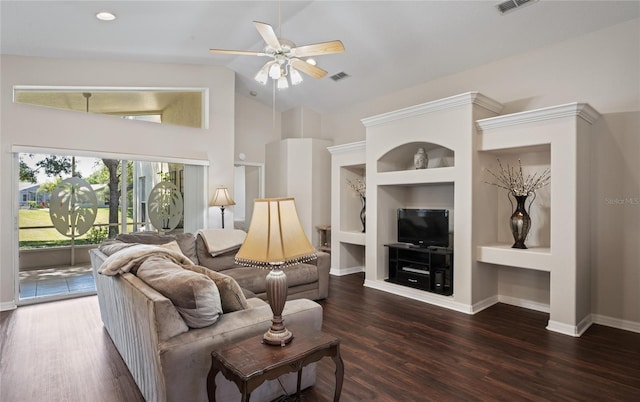 living room with lofted ceiling, dark wood-type flooring, ceiling fan, and built in shelves