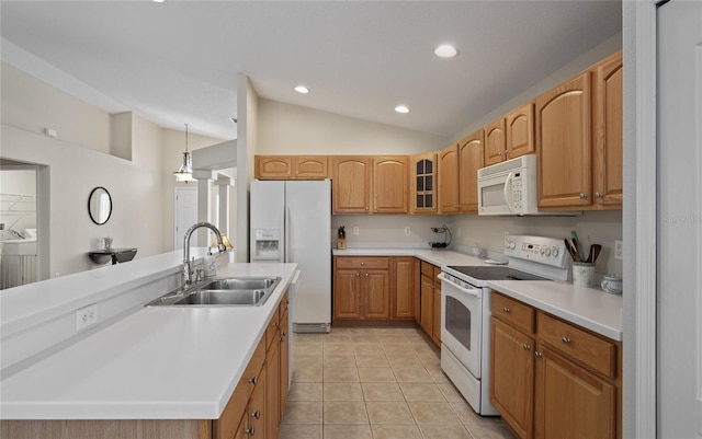 kitchen featuring lofted ceiling, sink, a center island with sink, light tile patterned floors, and white appliances