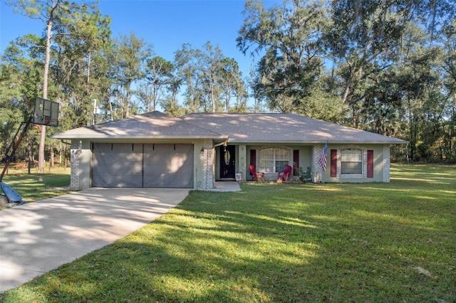 ranch-style house featuring concrete driveway, brick siding, an attached garage, and a front lawn