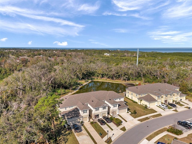 drone / aerial view with a water view