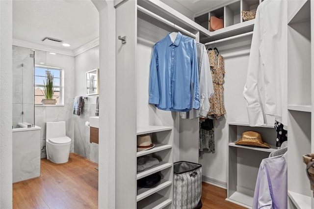 walk in closet with hardwood / wood-style flooring