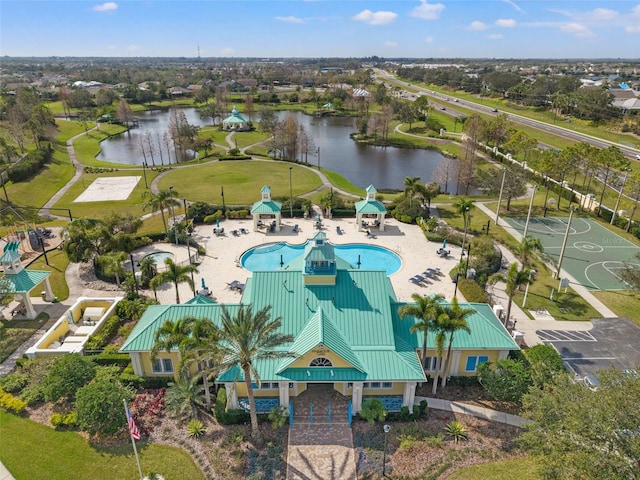 drone / aerial view featuring a water view