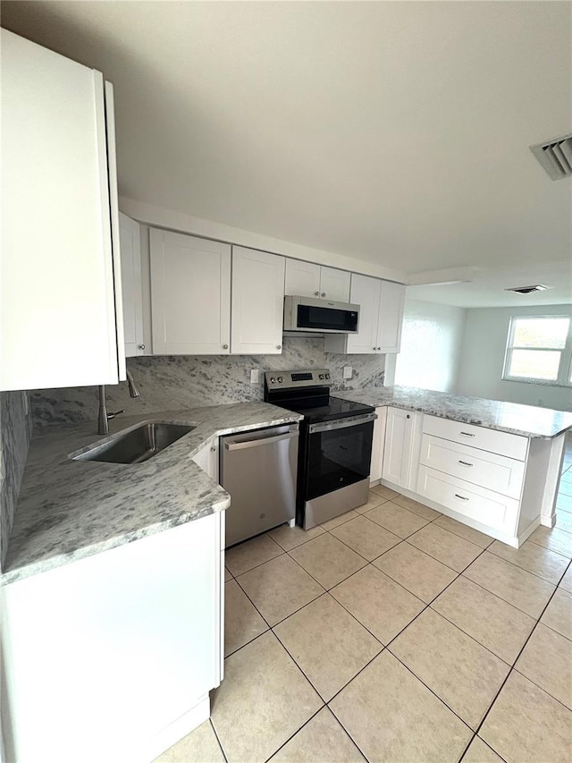 kitchen featuring sink, stainless steel appliances, white cabinets, decorative backsplash, and kitchen peninsula