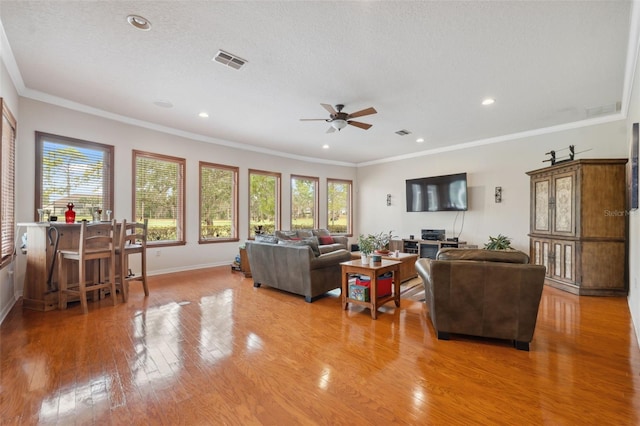 living room with ceiling fan, ornamental molding, wood-type flooring, and a textured ceiling