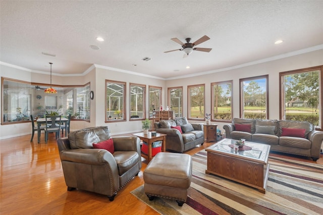 living room with ornamental molding, ceiling fan, a textured ceiling, and light hardwood / wood-style flooring