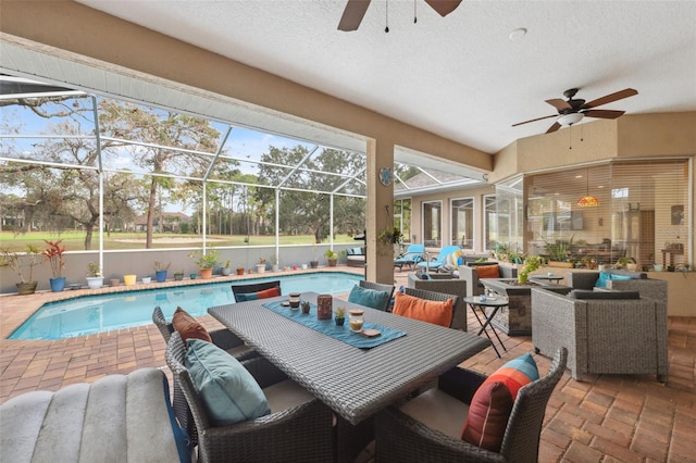 interior space featuring ceiling fan